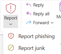 Image of Report button options, report phishing, report Junk